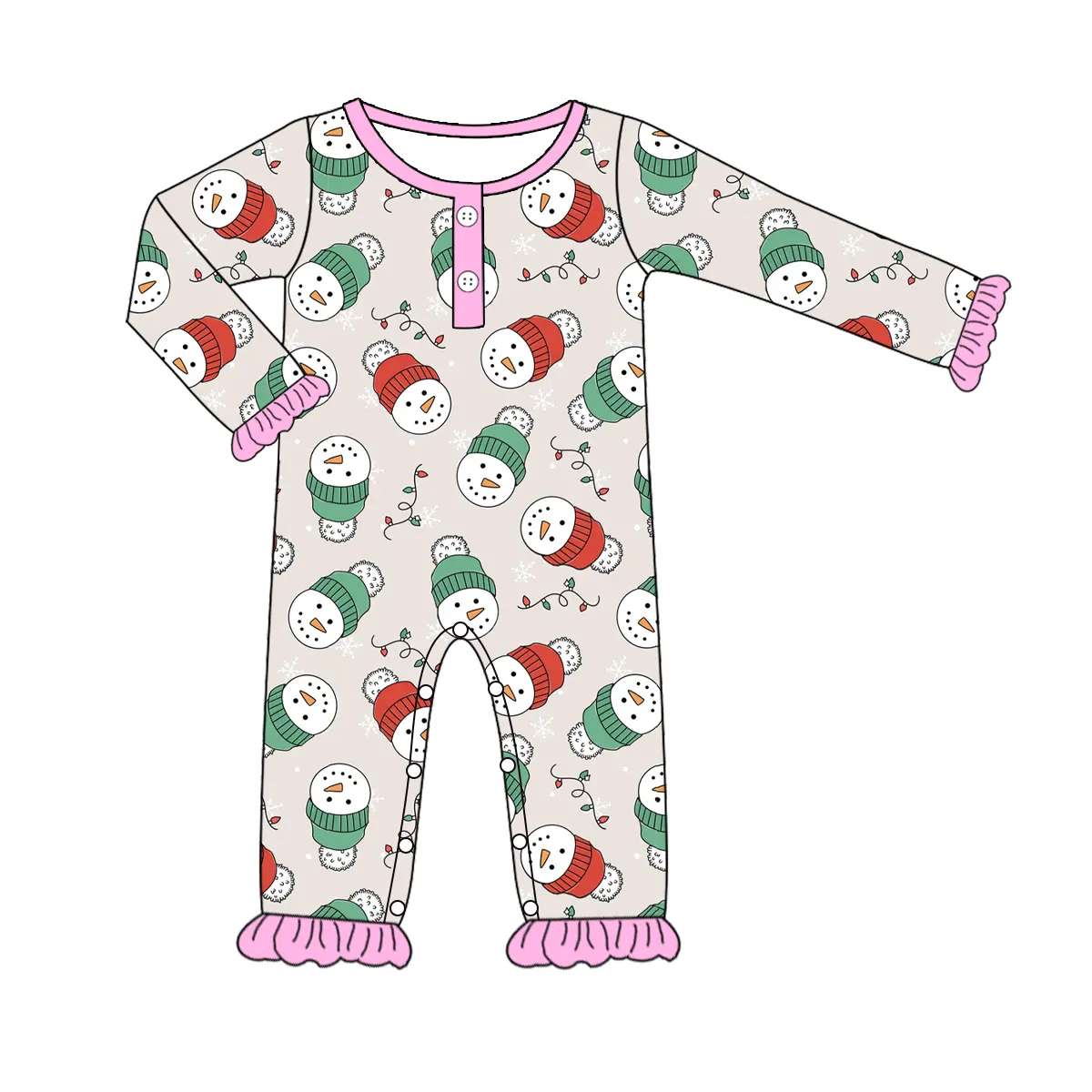 Custom moq 3 eta 6-8 weeks Green-Red Hat Snowman Pattern-Pink Ruffled Cuffs Long Romper