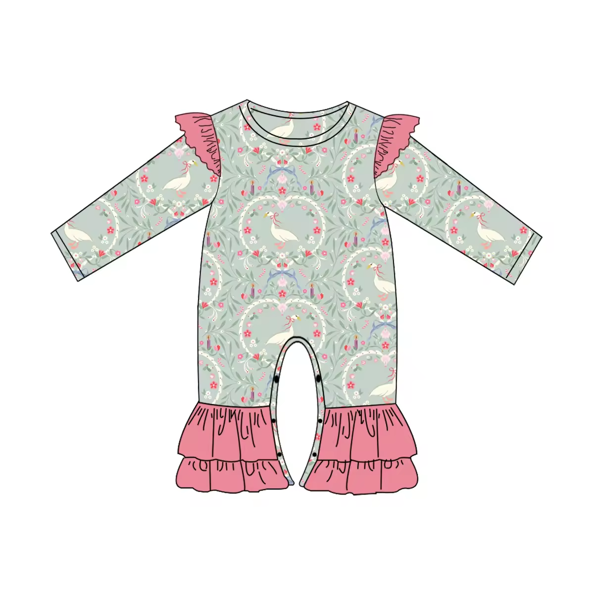 Custom moq 3 eta 6-8 weeks Gray green heart-leaves-flowers pink flying sleeve shoulder design long romper