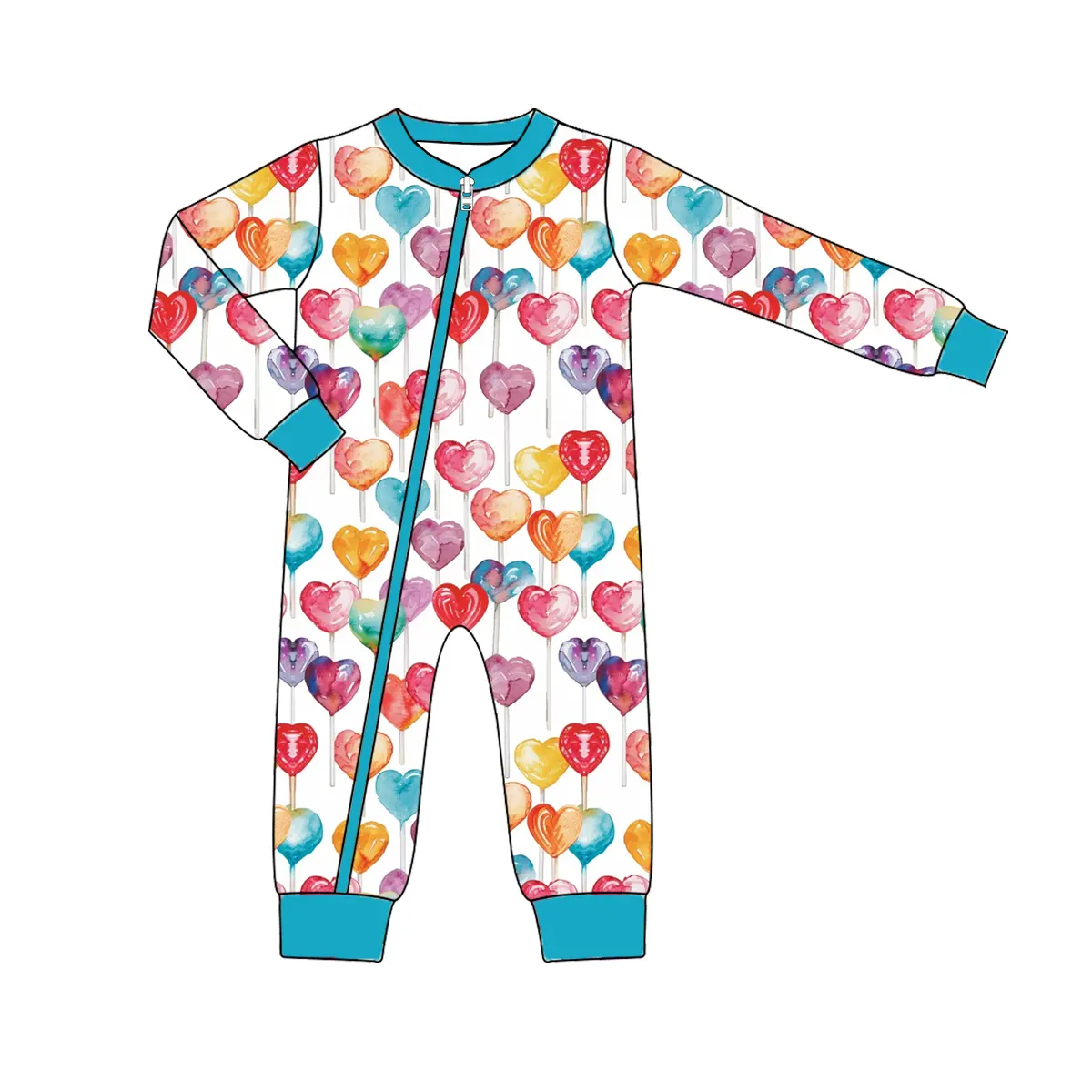 Custom moq 3 eta 6-8 weeks Oil painting style three-dimensional heart pattern blue collar-cuffs long zippered romper