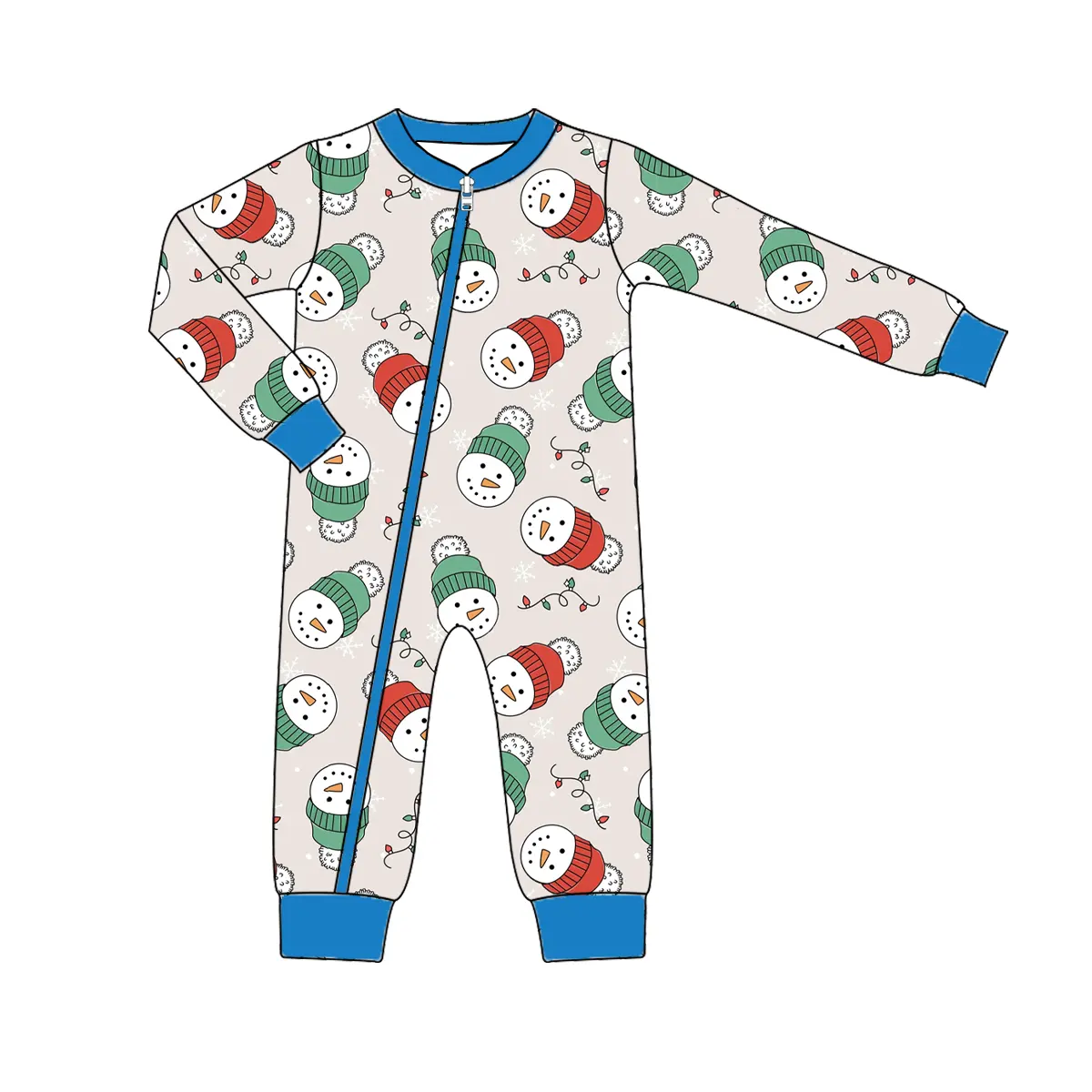 Custom moq 3 eta 6-8 weeks Green-Red Hat Snowman Pattern-Blue Elastic Cuffs Long Zipper Romper