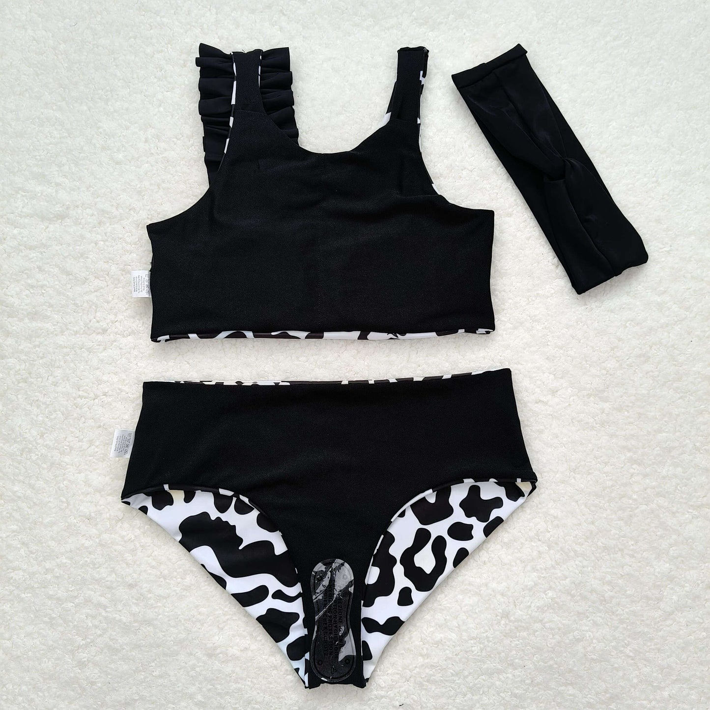 RTS NO MOQ(In Stock) S0224 Cow print black and white swimsuit set with bow sets