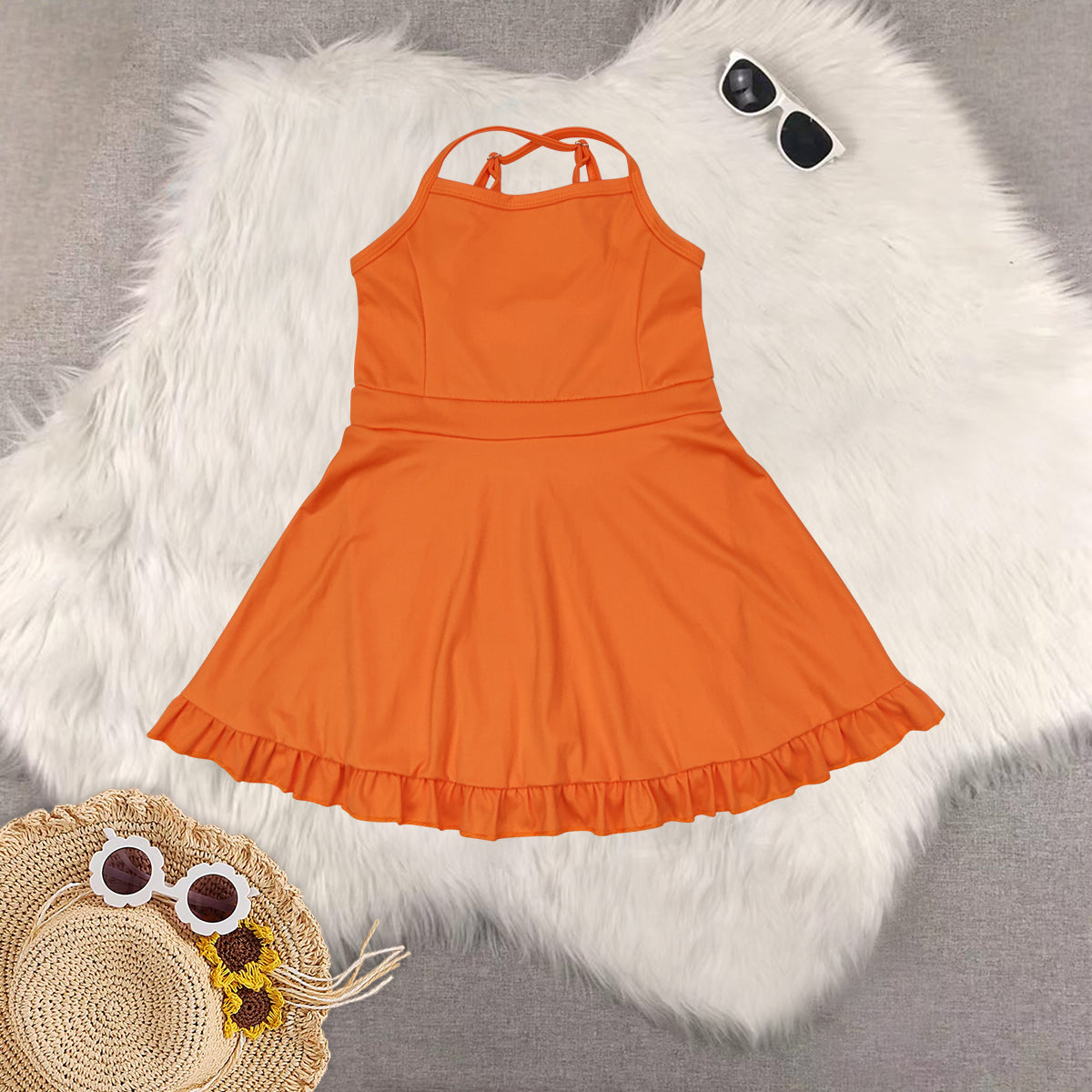 RTS NO MOQ Sibling baby girl clothes orange sleeveless skirt yoga set and yoga dress