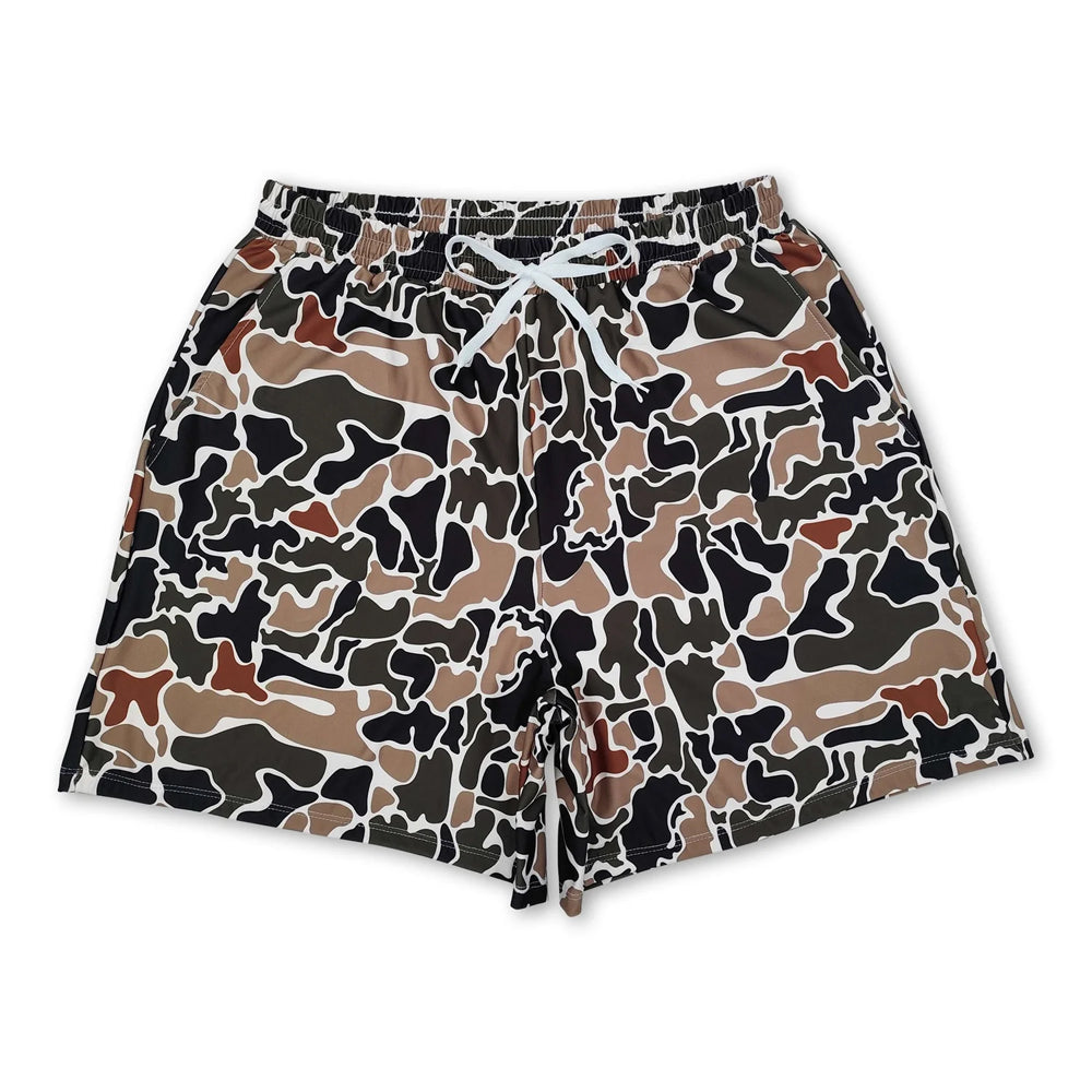 RTS NO MOQ Sibling milk silk Adult Men Camo Print Swim Trunk Shorts Summer Beach Swimwear Bottom