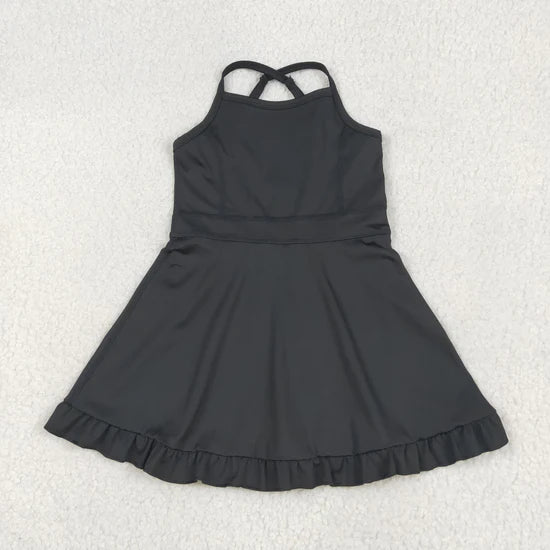 Best Sell RTS Baby Girls Black Knit Knee Length Active Wear Dresses Infant Casual Fashion Outfit for Girls