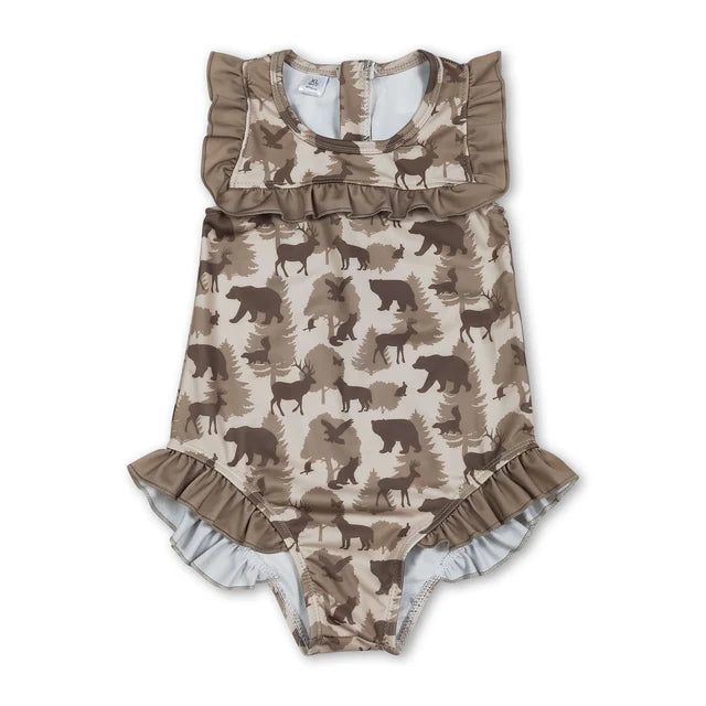 RTS NO MOQ Sibling Baby Girls Southern Hunting Camo Ruffle Swimming Swimsuits