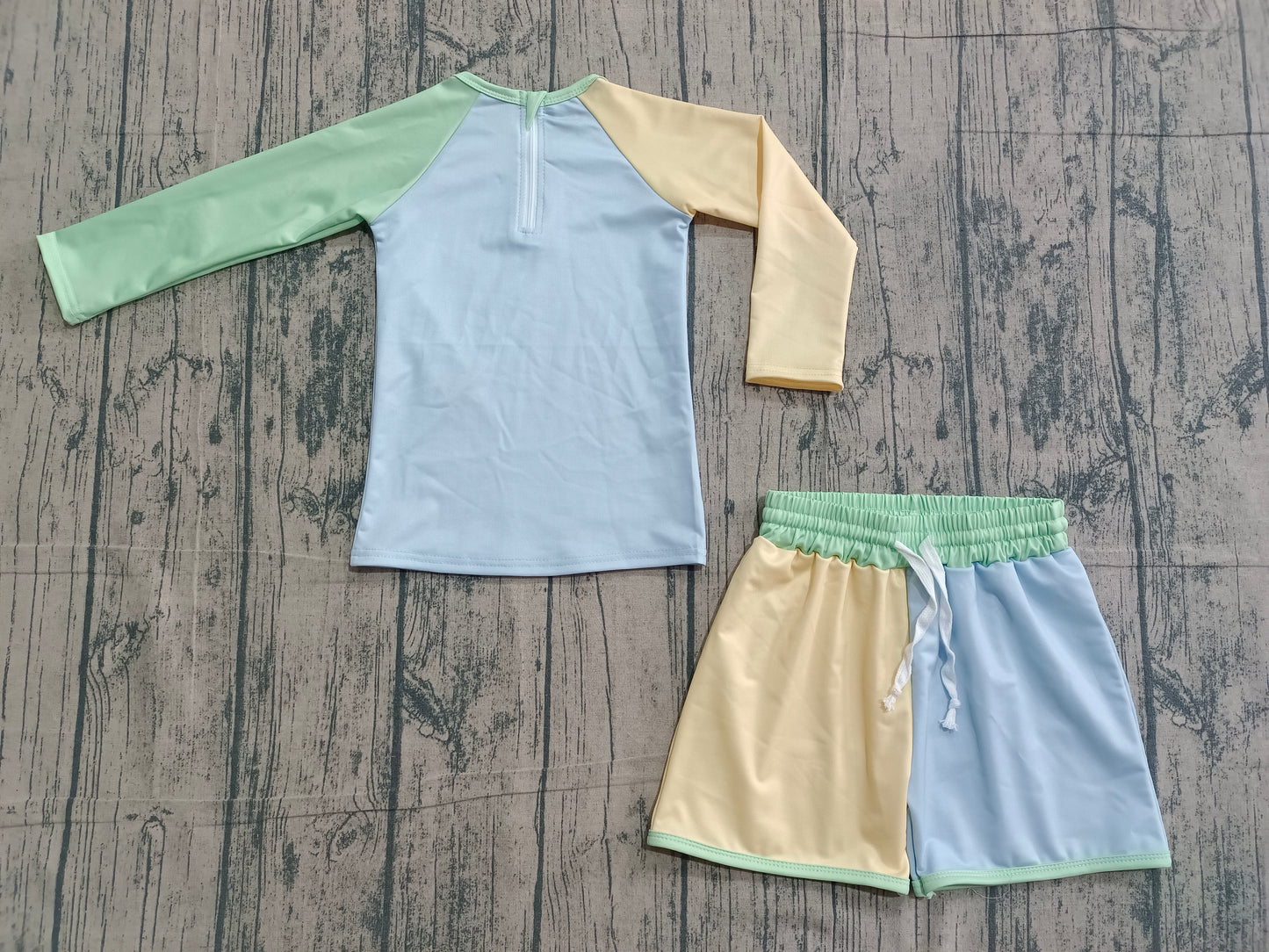 (Sample) No moq S0634 Swimsuit Baby Boys Long Sleeve Set Yellow Aqua Blue Top with Shorts Comfortable Clothes for Babies