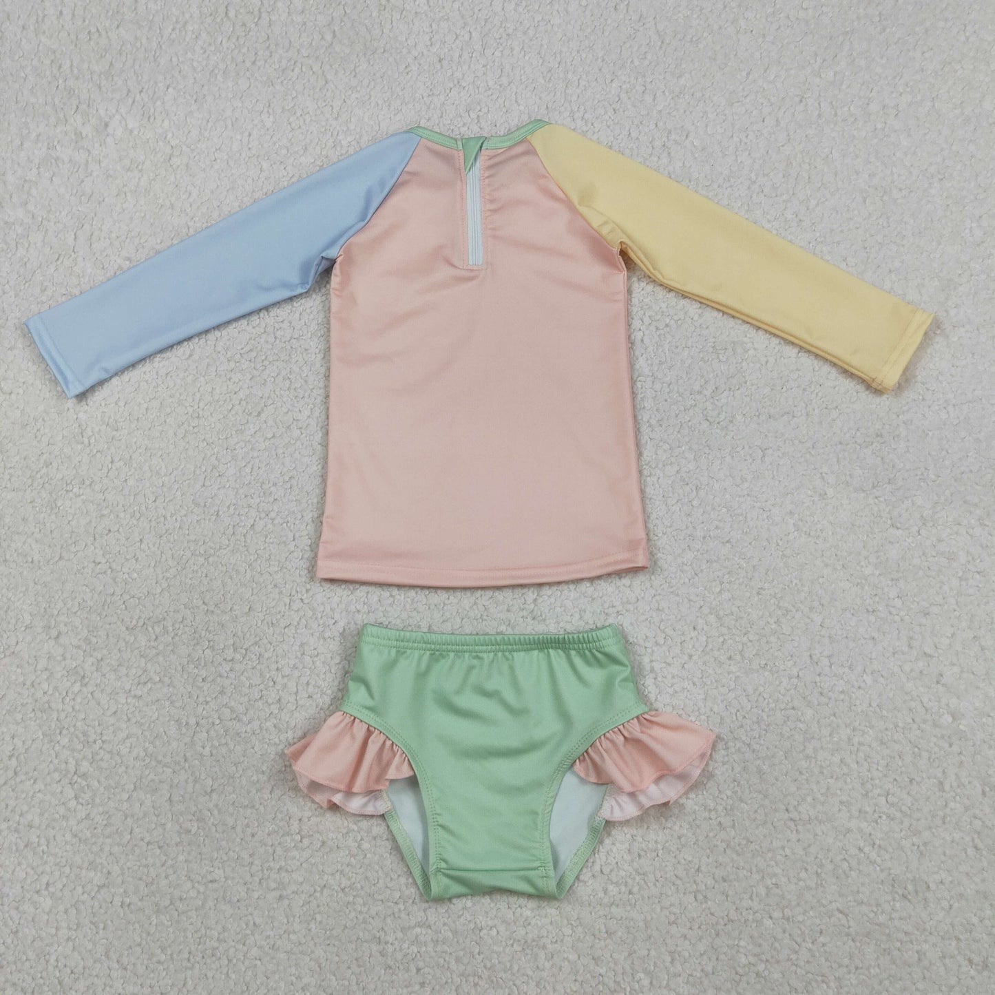 RTS NO MOQ Sibling Boys' Long Sleeve Yellow Aqua Blue Shirt Top with Shorts Girls' Yellow Aqua Blue Pink Patchwork Top with Ruffle Bummies Swimsuit Set