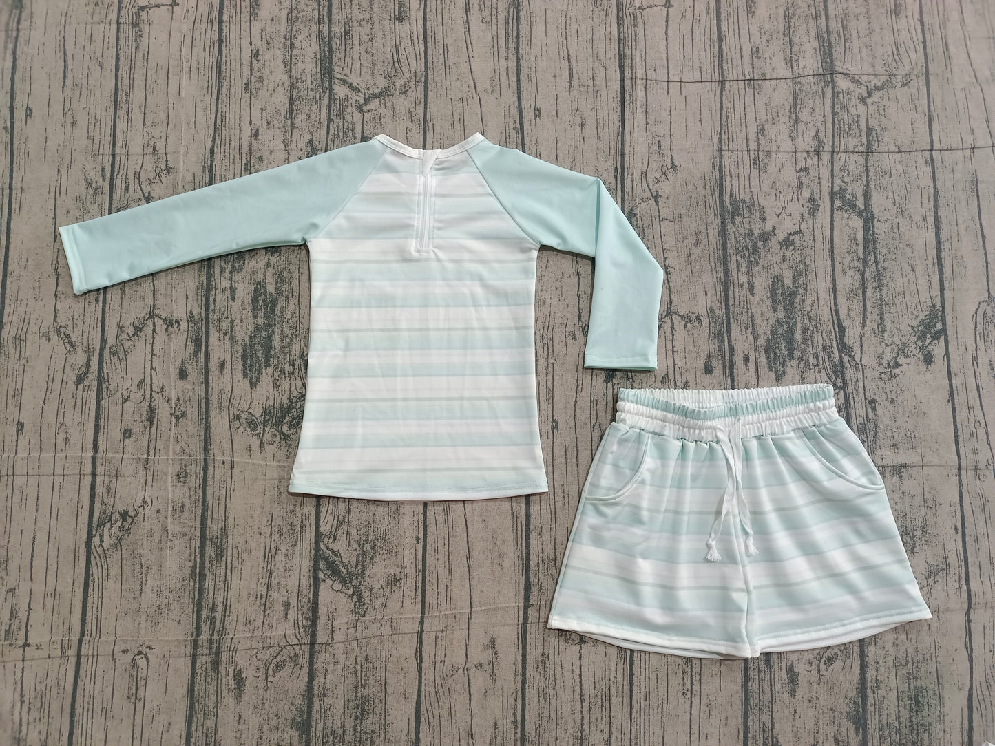 (Sample) No moq S0649 Swimsuit Baby Boys Aqua Stripe Set with Pockets Top And Shorts Clothing Outfit Set for Little Boys