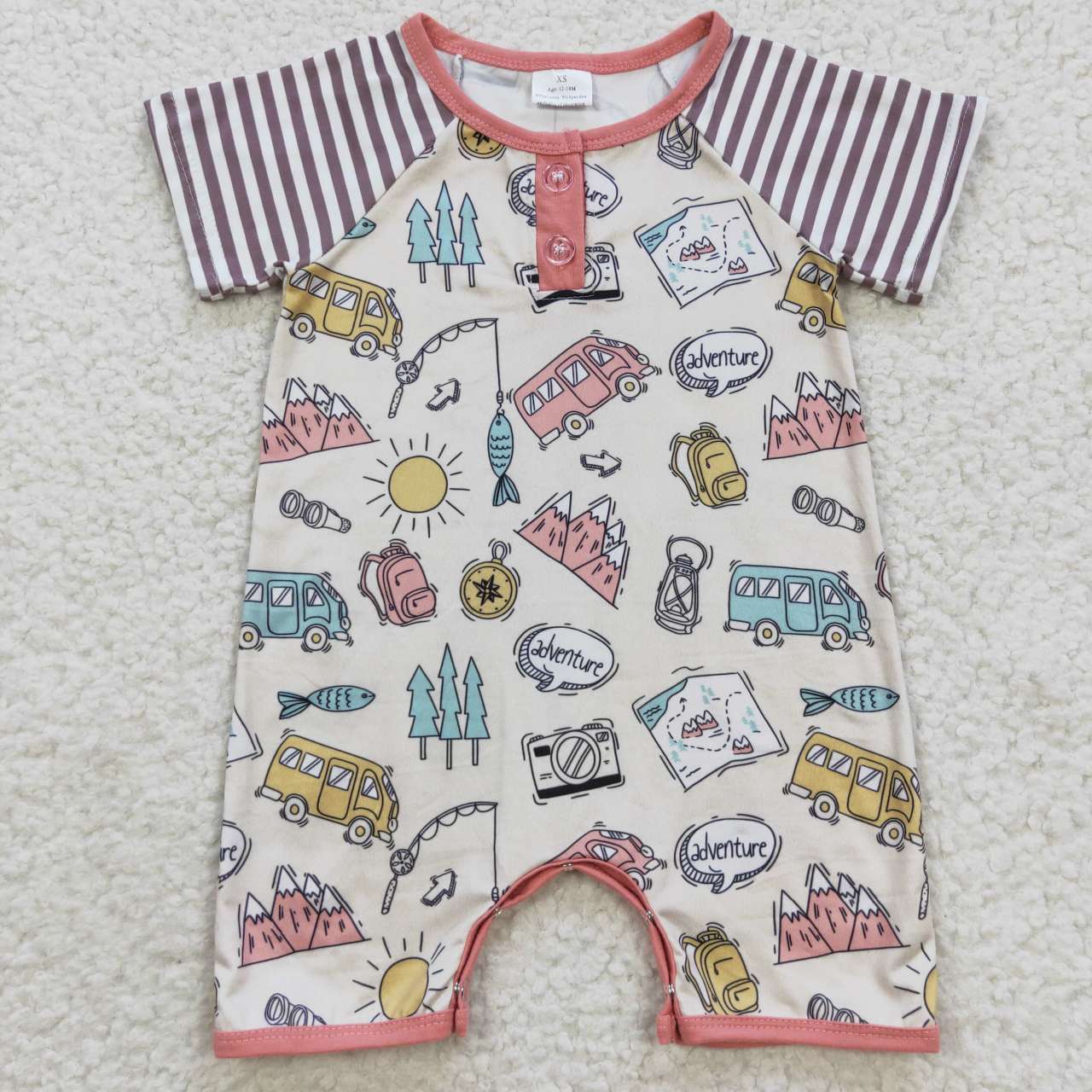 RTS NO MOQ(In Stock) Camping Bus Fishing Backpack Stripe Short Sleeve Jumpsuit