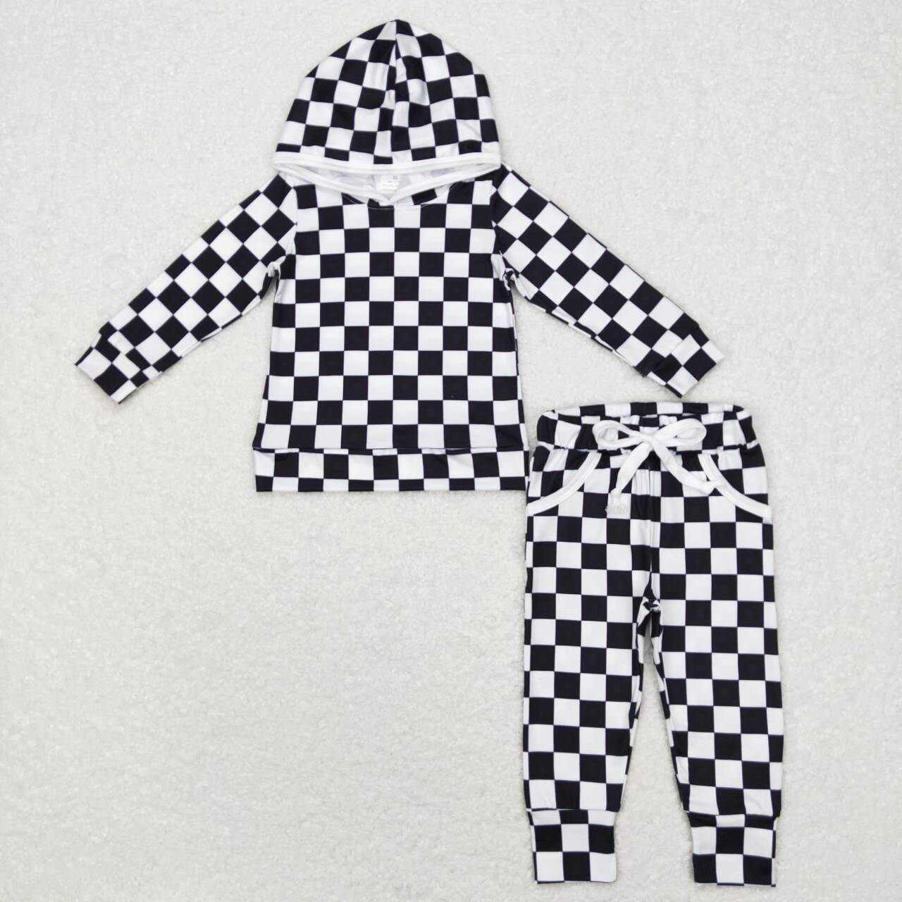 RTS NO MOQ(In Stock) Black and white plaid hooded long-sleeved trousers suit