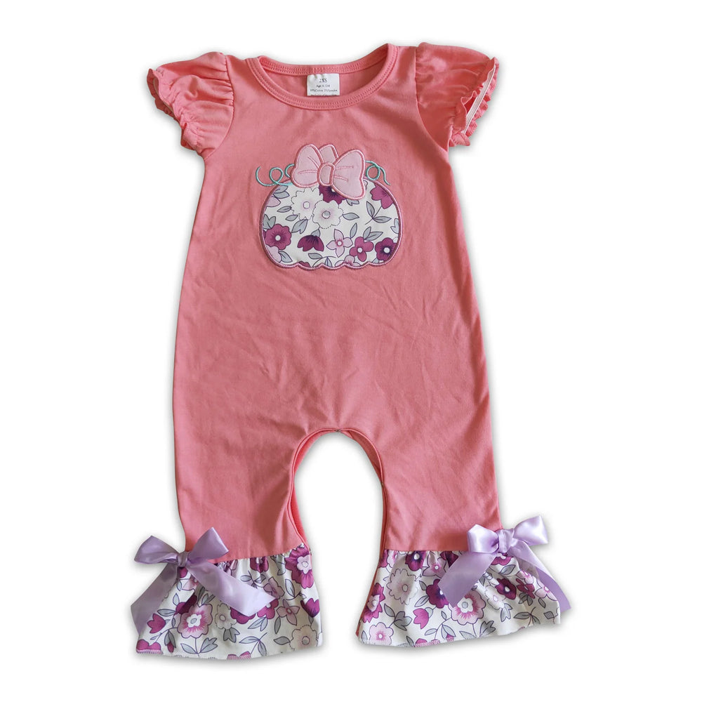 RTS NO MOQ Sibling milk silk Embroidery Baby Girls Floral Pumpkin Ruffle Rompers