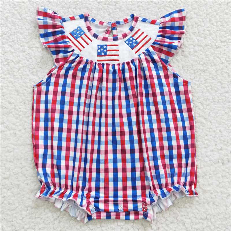 RTS NO MOQ baby girl clothes embroidery 4th of july flag flying-sleeved romper dress