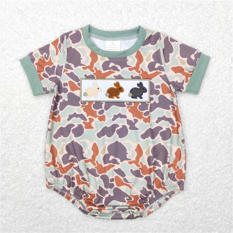 RTS NO MOQ(In Stock) SR0508 Boys Embroidered Camouflage bunny short Sleeve romper