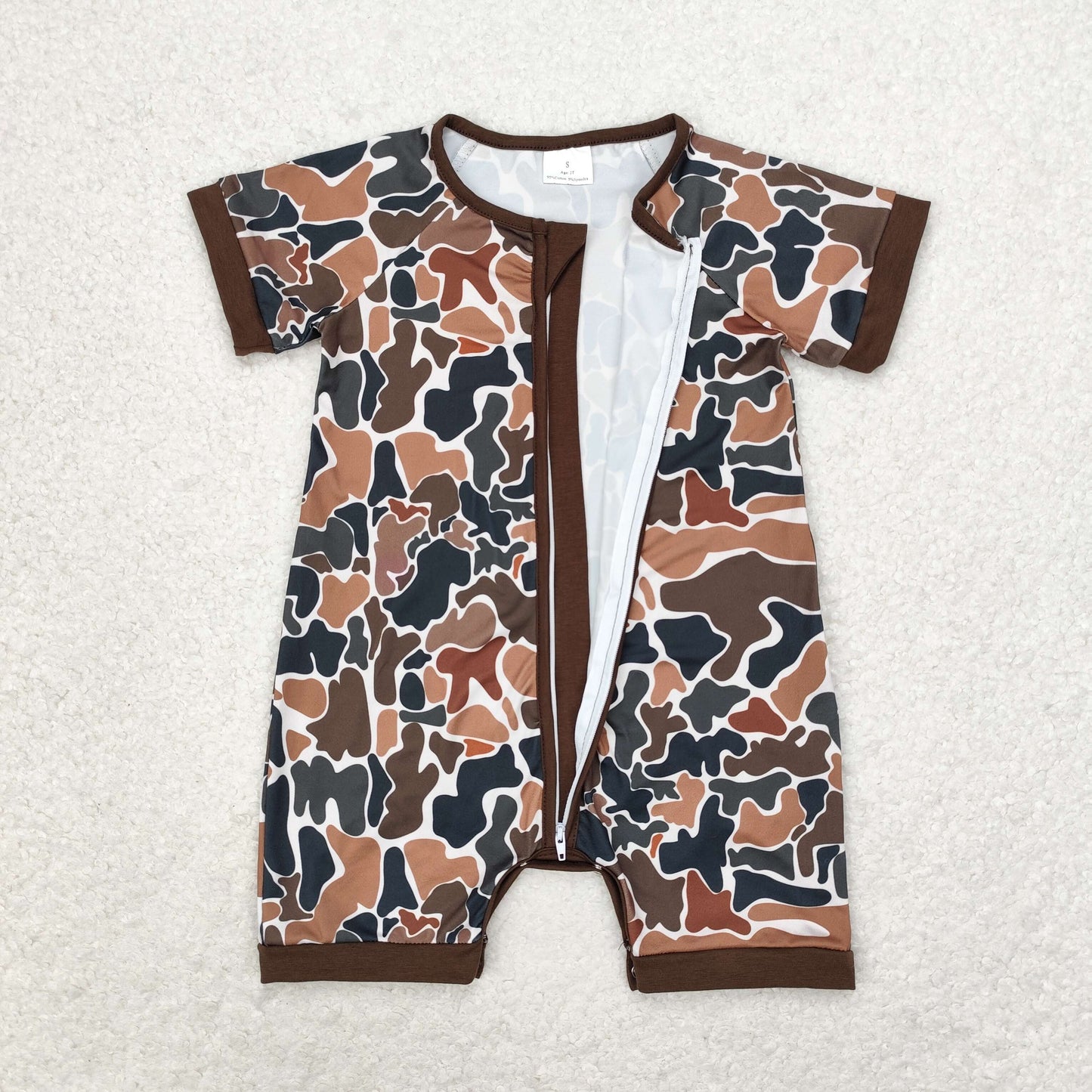 RTS NO MOQ(In Stock) SR0666 Brown and green camouflage zipper short sleeve jumpsuit