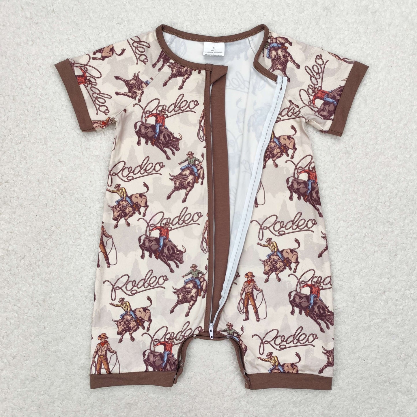 RTS NO MOQ(In Stock) SR0856 Rodeo riding brown zipper short sleeve jumpsuit