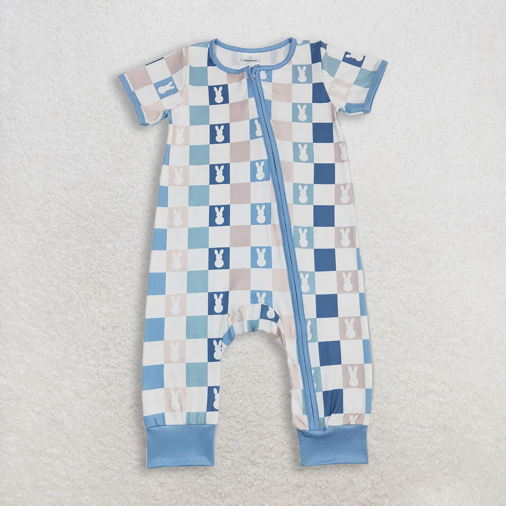 RTS NO MOQ Sibling Baby Boys Blue Checkered Rabbit Print Rompers Pajamas Set Cute Outfit