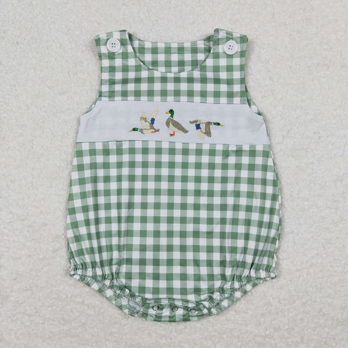 RTS NO MOQ(In Stock) Embroidered duck light green and white plaid vest jumpsuit