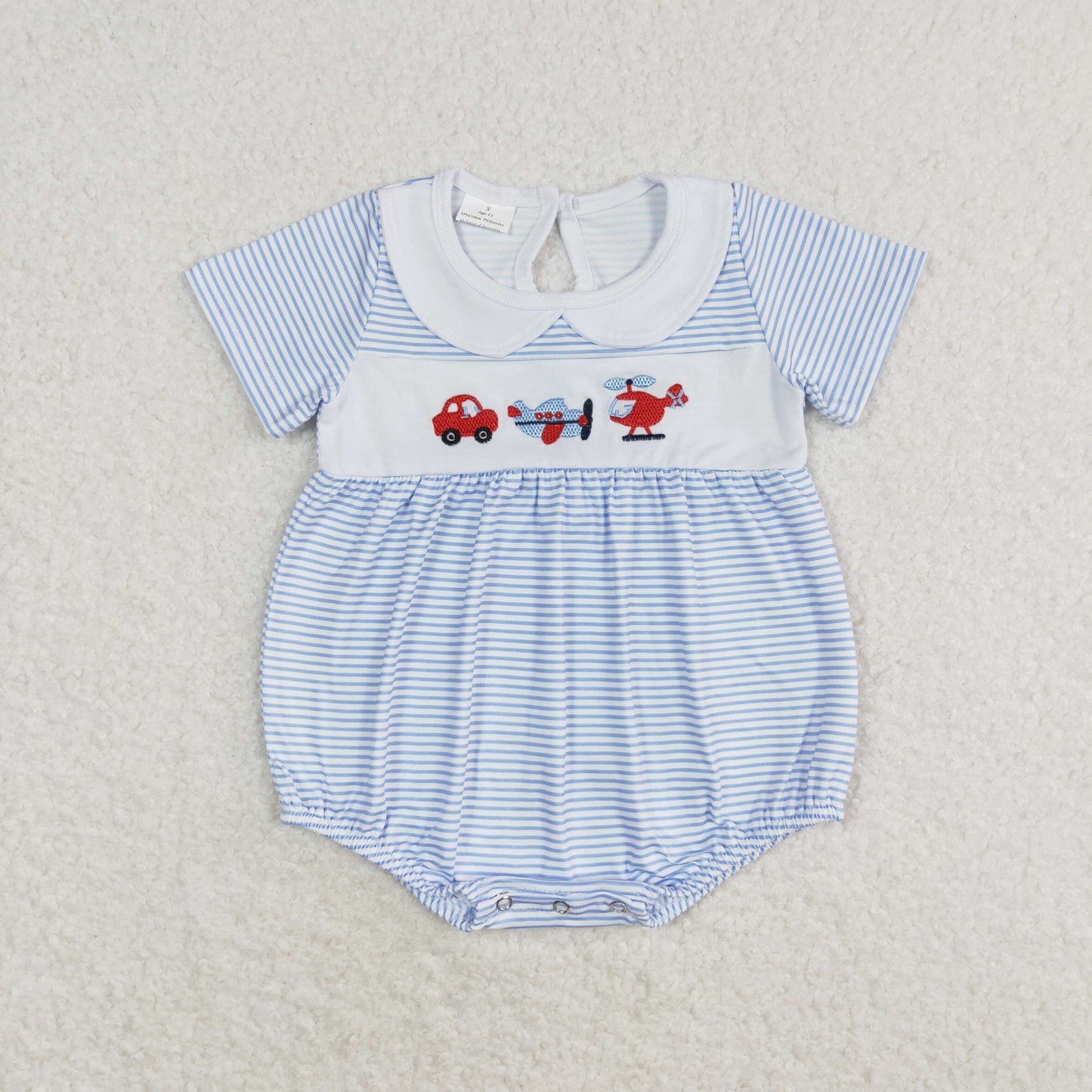 RTS NO MOQ(In Stock) Embroidery Car Plane Helicopter Blue Stripe Doll Collar Short Sleeve Jumpsuit