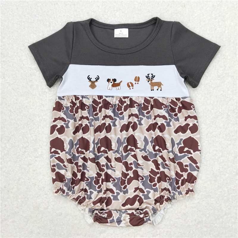 RTS NO MOQ(In Stock) Embroidered Camouflage puppy duck short sleeve romper