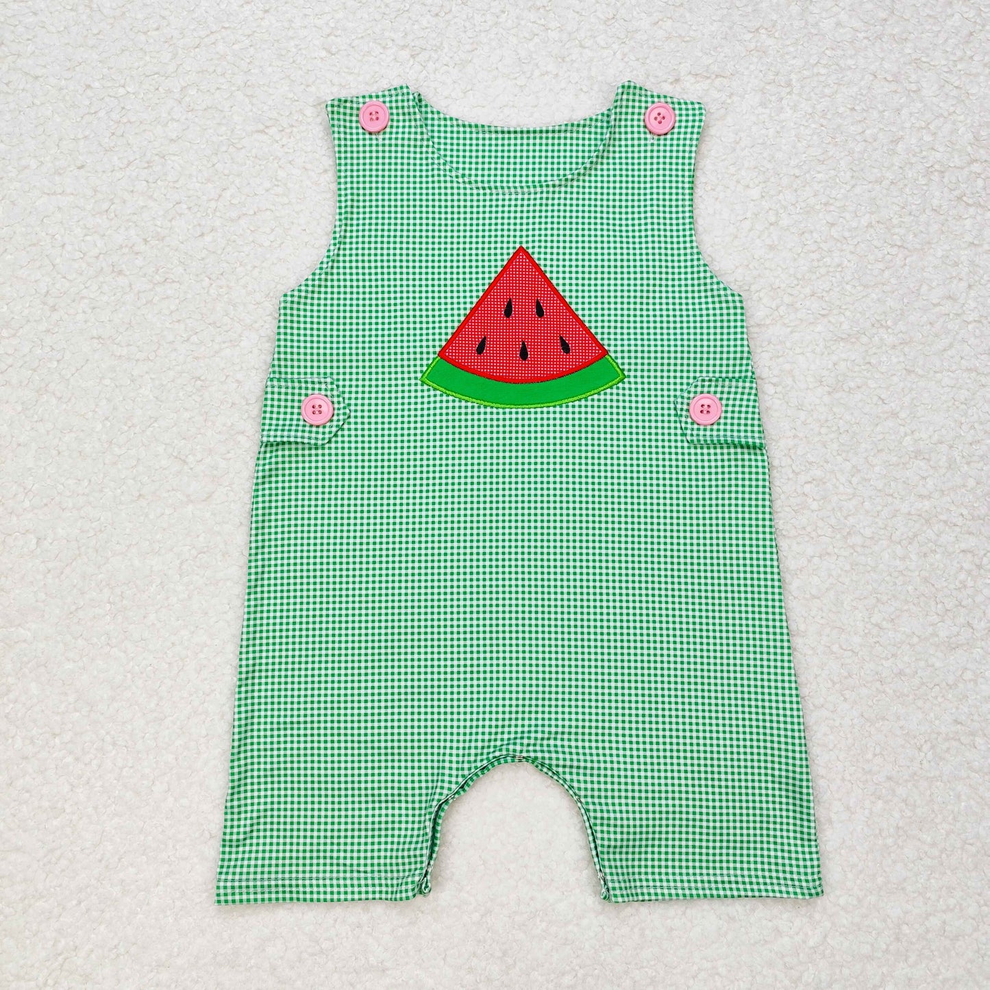 RTS NO MOQ(In Stock) Embroidered watermelon green plaid sleeveless jumpsuit