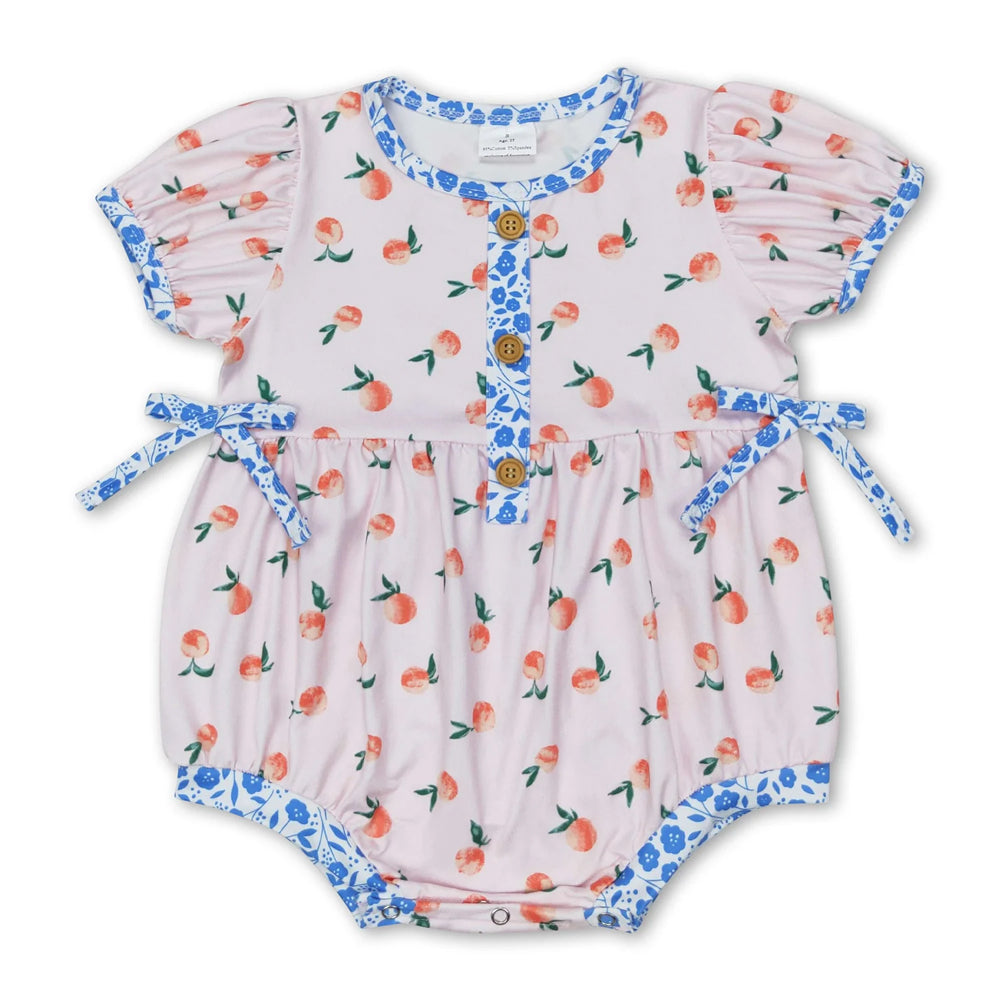 RTS NO MOQ Sibling milk silk Baby Girls Cute Peach Fruit Print Spaghetti Straps Top And Elastic Waist Shorts Set Rompers