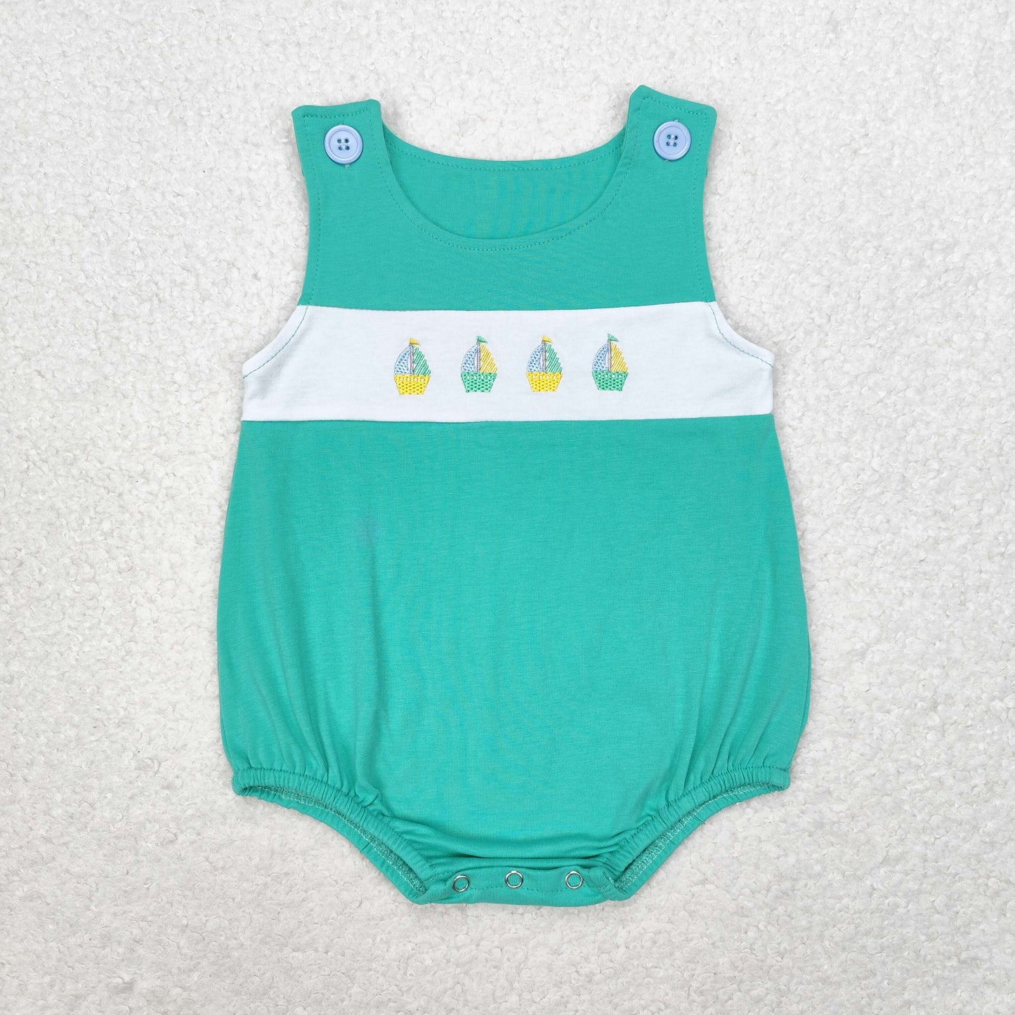 RTS NO MOQ(In Stock) Embroidered sailboat blue-green vest bodysuit
