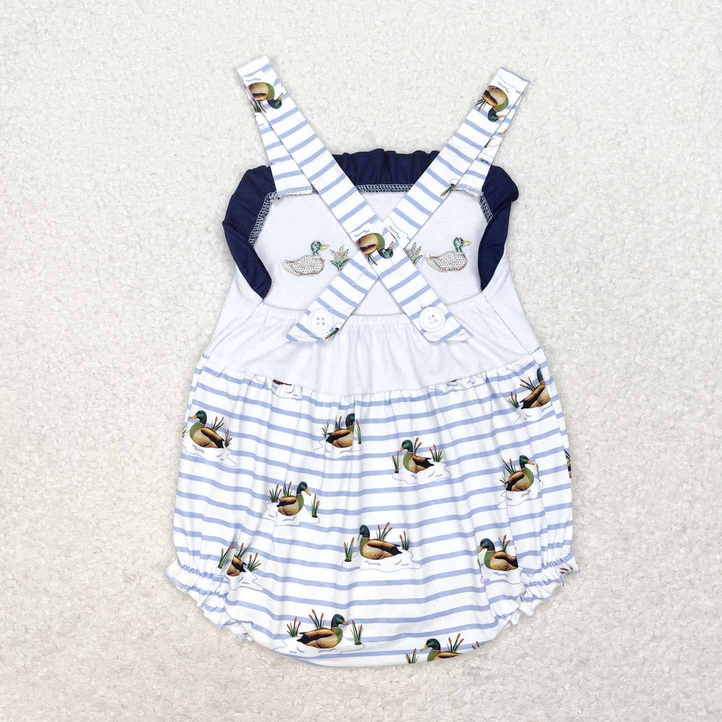 RTS NO MOQ(In Stock) SR1584 Embroidery three ducks navy blue lace striped vest jumpsuit