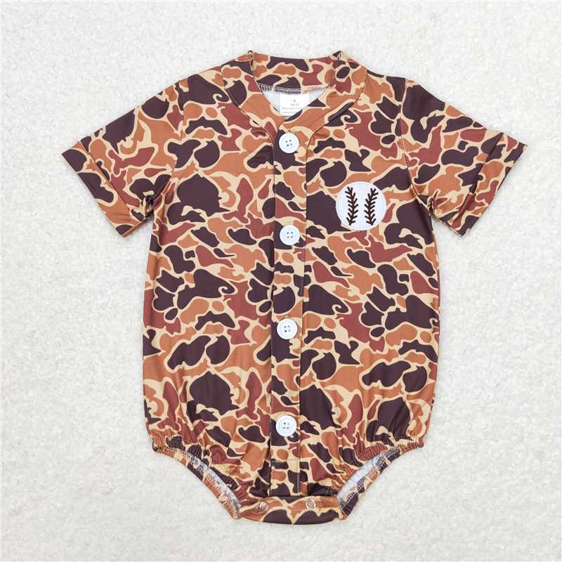 RTS NO MOQ(In Stock) Embroidered camouflage basbeal short sleeve romper