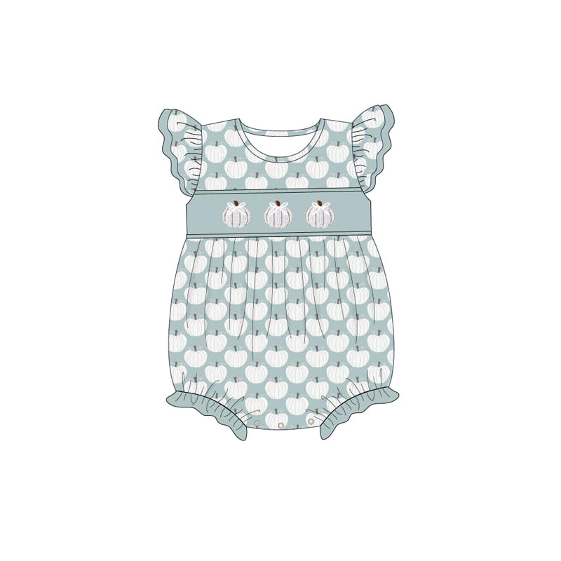 RTS NO MOQ Sibling milk silk Embroidery Pumpkins Baby Girls Flutter Sleeves Fall Rompers