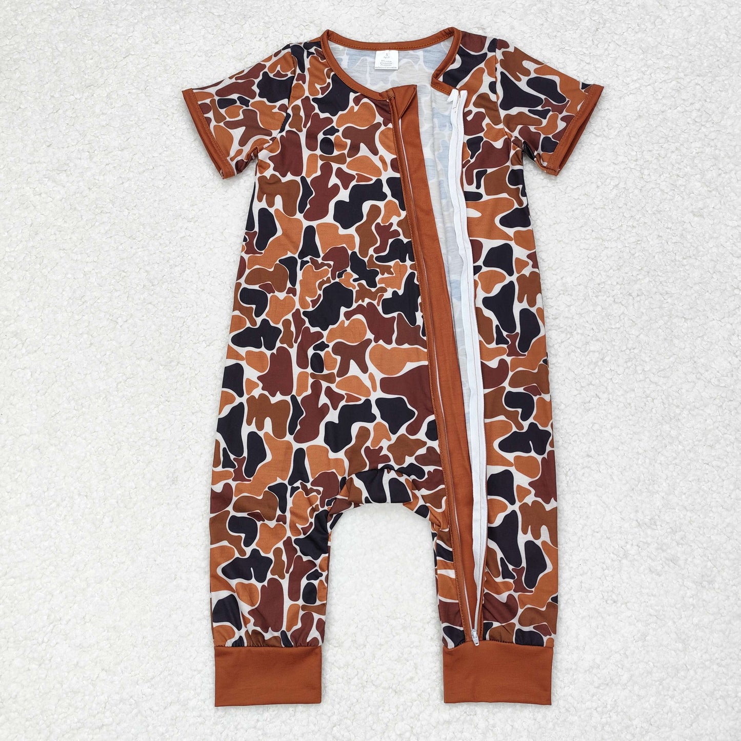 RTS NO MOQ(In Stock) SR1895 Modal brown camouflage beige zipper short-sleeved jumpsuit