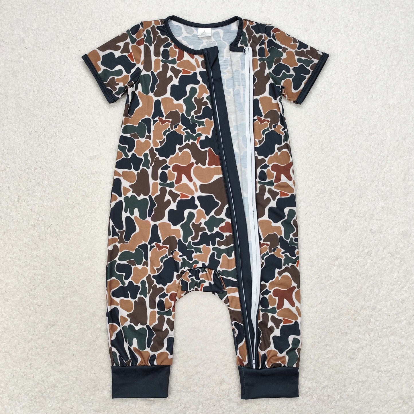 RTS NO MOQ(In Stock) SR1899 Modal green camouflage beige zipper short-sleeved jumpsuit