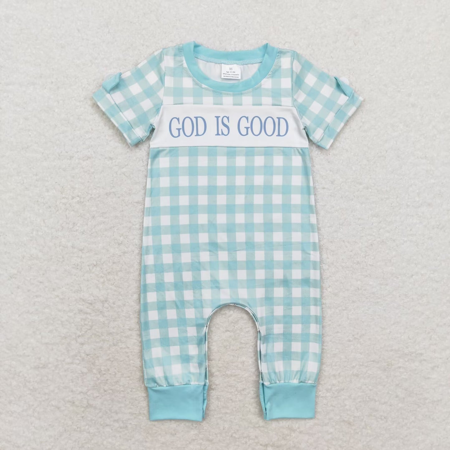 RTS NO MOQ(In Stock) god is good plaid blue green short sleeve jumpsuit