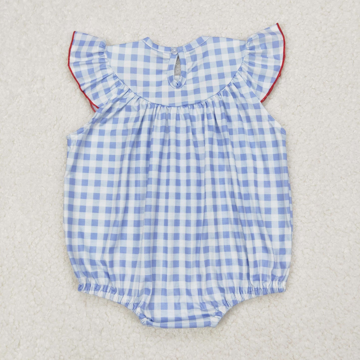 RTS NO MOQ(In Stock) smocked Girls National Day Embroidered Flag Blue Plaid Vest Bodysuit