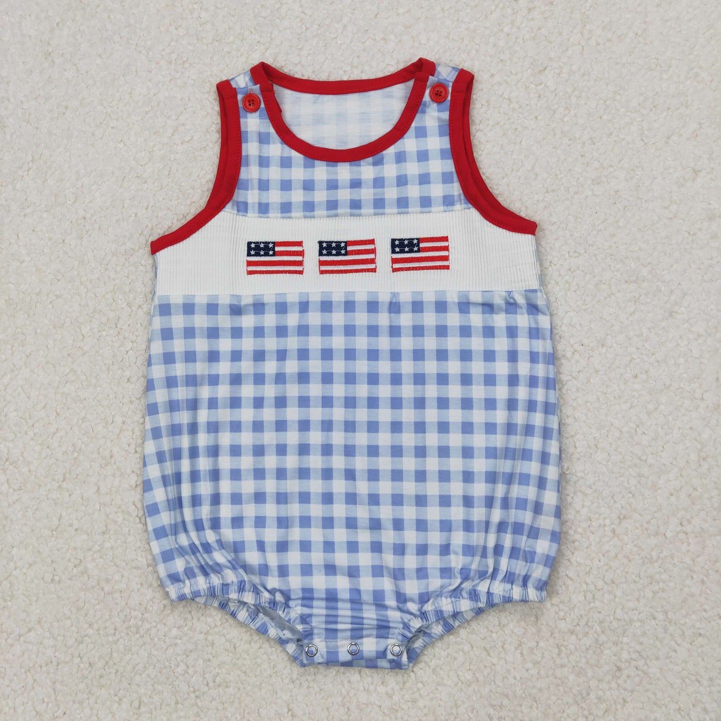 RTS NO MOQ(In Stock) smocked Boys National Day Embroidered Flag Blue Plaid Vest Bodysuit