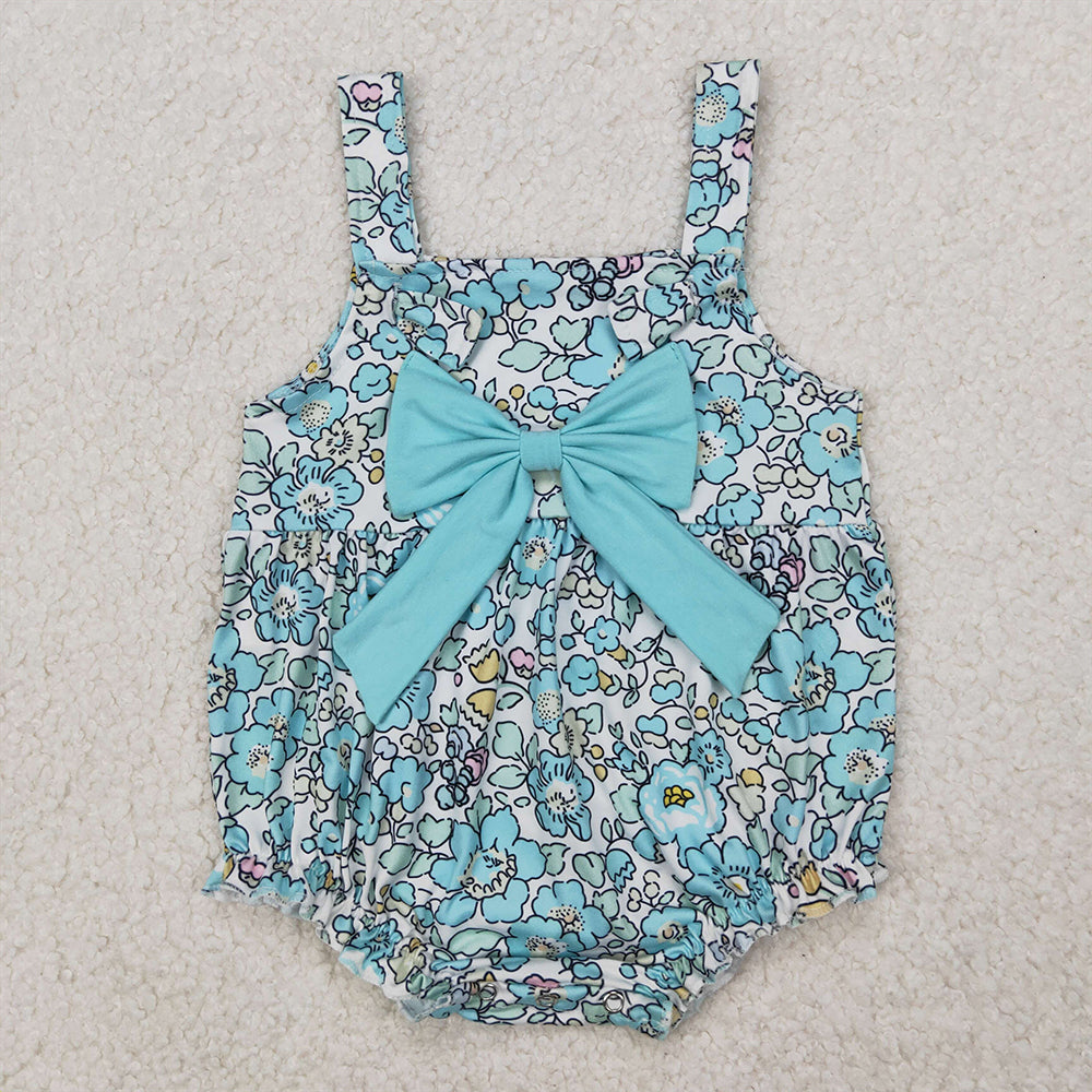 RTS baby girls clothes floral blue short Sleeve dress romper