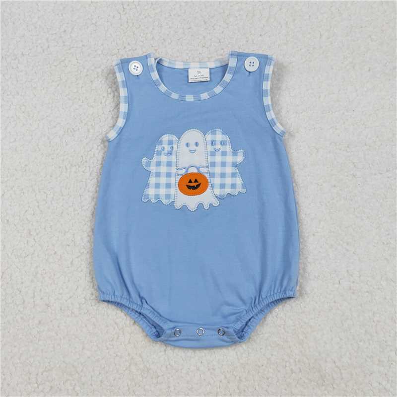 RTS NO MOQ Sibling Baby girls boy clothes embroidery halloween pumpkin short sleeve rompers