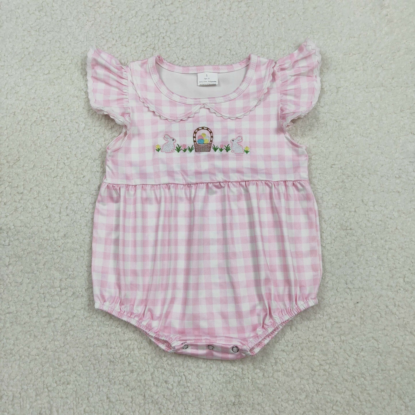 RTS NO MOQ Sibling Baby Girls Embroidered Rabbits And Eggs Pink Checked Easter Dress Rompers