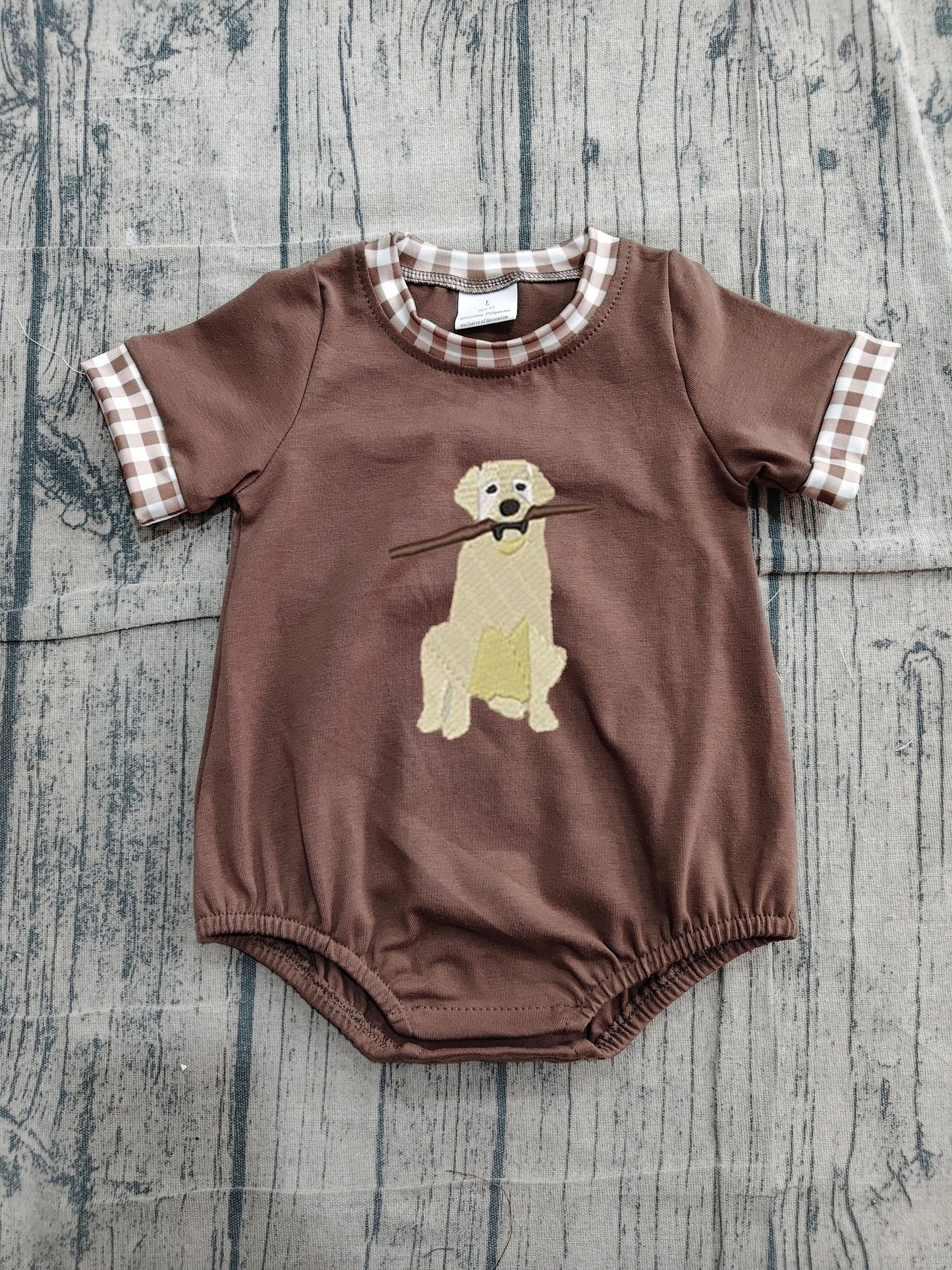 (Sample) No moq SR3470 Embroidery Baby Boys Dog Embroidery Brown Casual Hunting Short Sleeve Rompers
