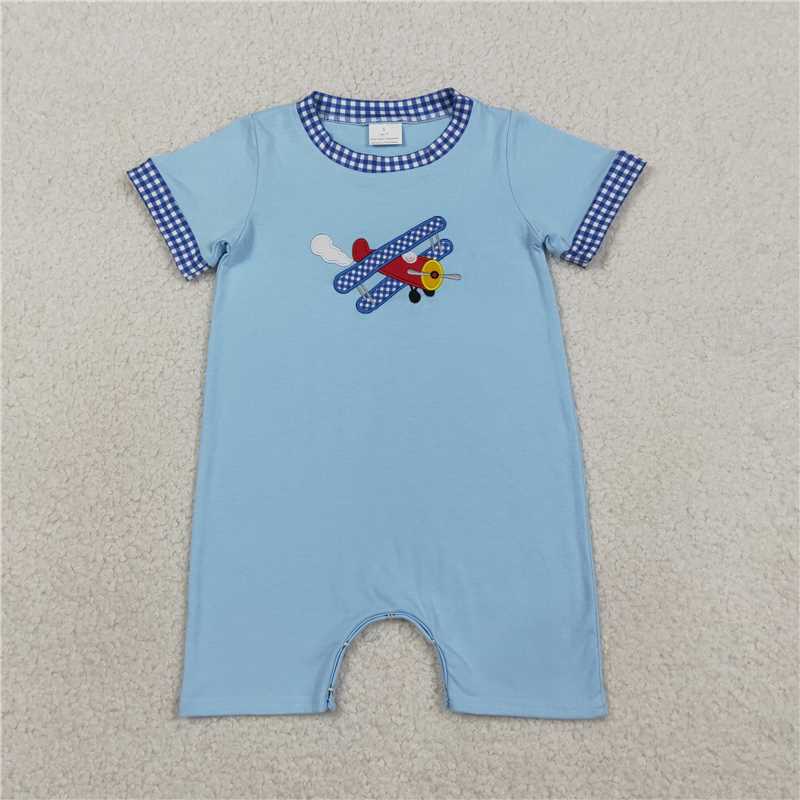 RTS NO MOQ Baby Boys Sibling Embroider Top Blue Summer Clothes Sets Rompers