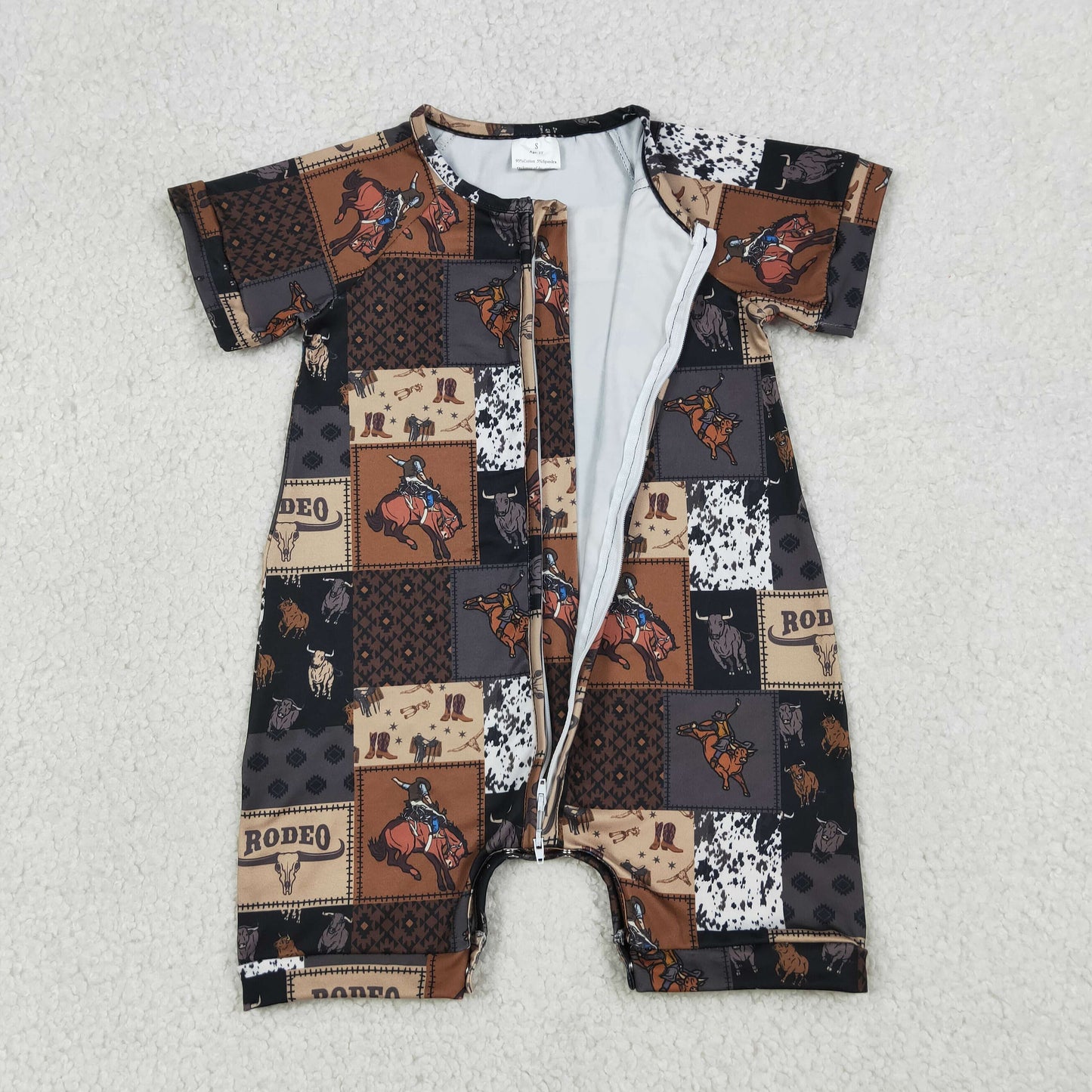 RTS NO MOQ Sibling Baby Boys Rodeo Zip Romper Short Sleeve Cowboy Western Boot Horses Button Rompers