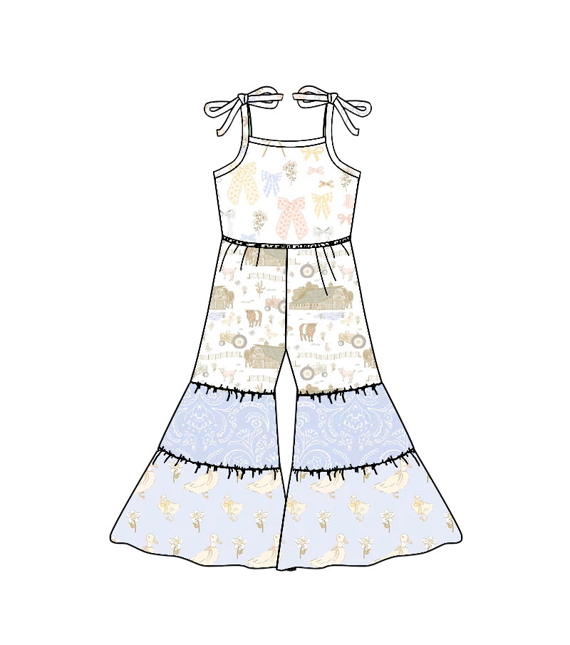 (Pre Order) No moq SR3586 Baby Girls Farm Animal Print Strap Spliced Flare Leg Rompers