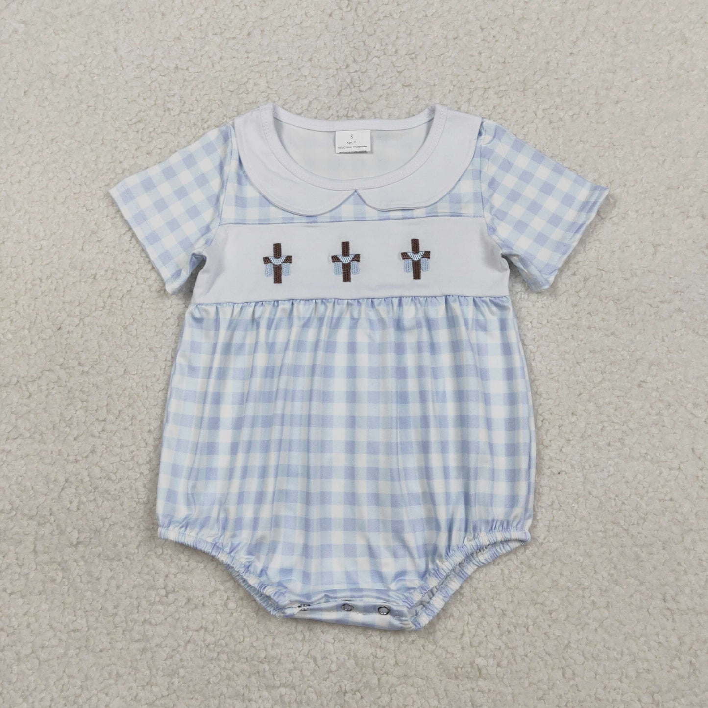 RTS NO MOQ Sibling Blue Checked Easter Collar Rompers for Baby with Embroidery Crosses