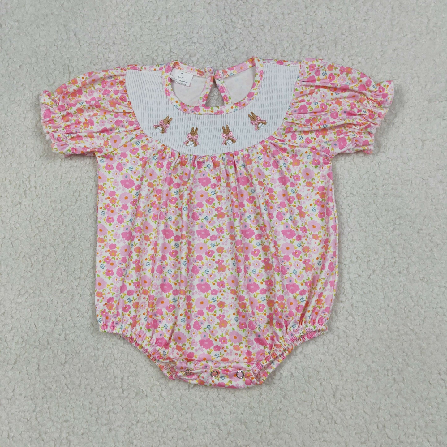RTS NO MOQ Sibling Baby Girls Pink Flowers Smocked Bows Rabbits Easter Knee Length Dress Rompers