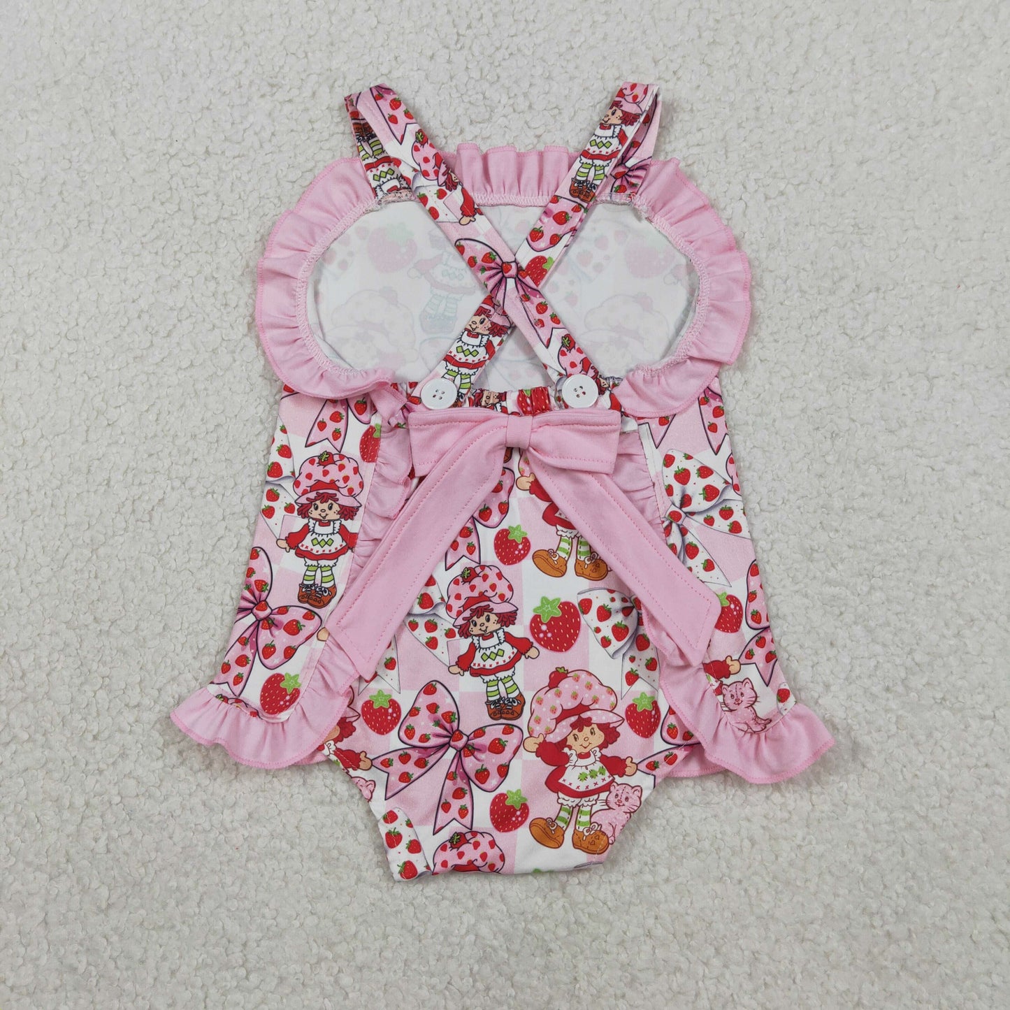 RTS NO MOQ Sibling Cute Clothes Baby Girls Strawberry Print Tunic Ruffle Short Set with Back Bow Rompers