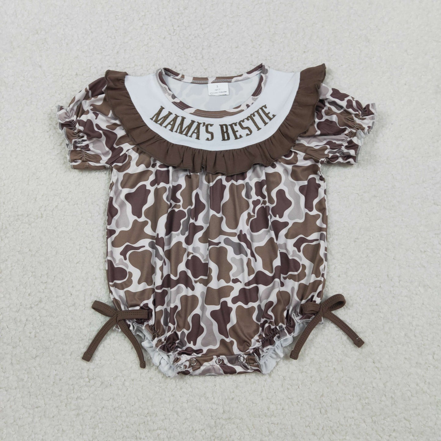 RTS NO MOQ Sibling Baby Girls Smocked Rompers with Mama's Bestie Camo Bows Ruffle Design for Matching Outfits