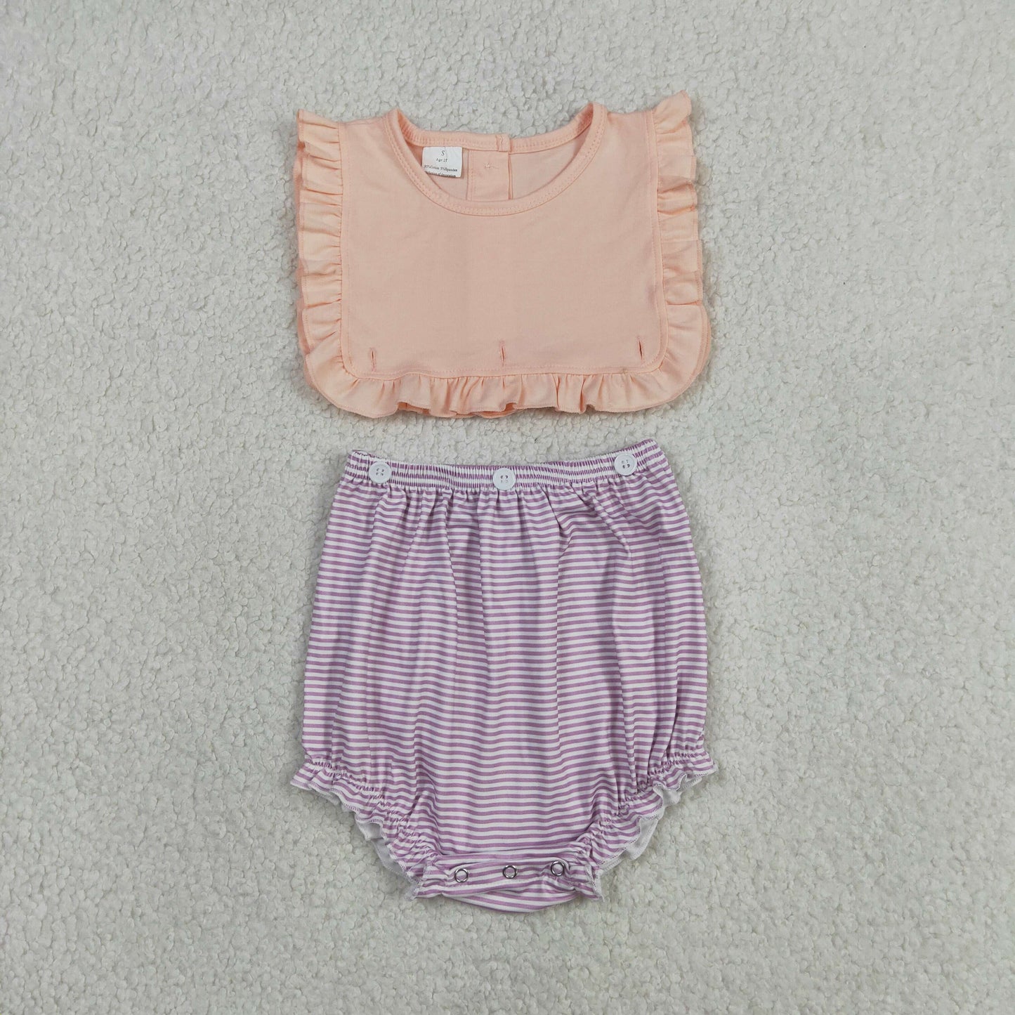 RTS NO MOQ Sibling Baby Girls Peach Lavender Stripe Sleeveless Button Dress Back Button Ruffle Rompers