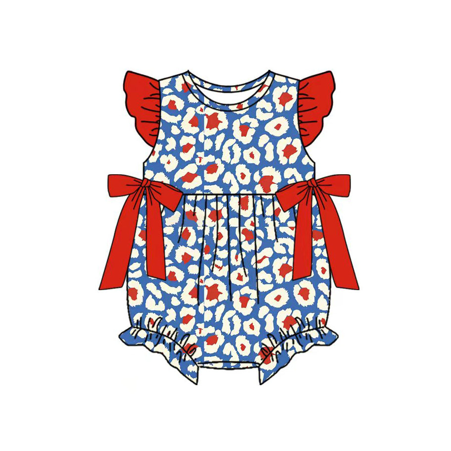 (Pre Order) No moq Blue Top Red Shorts And Blue Romper with Red Bow Girls Outfit Toddler Kids Clothing Set