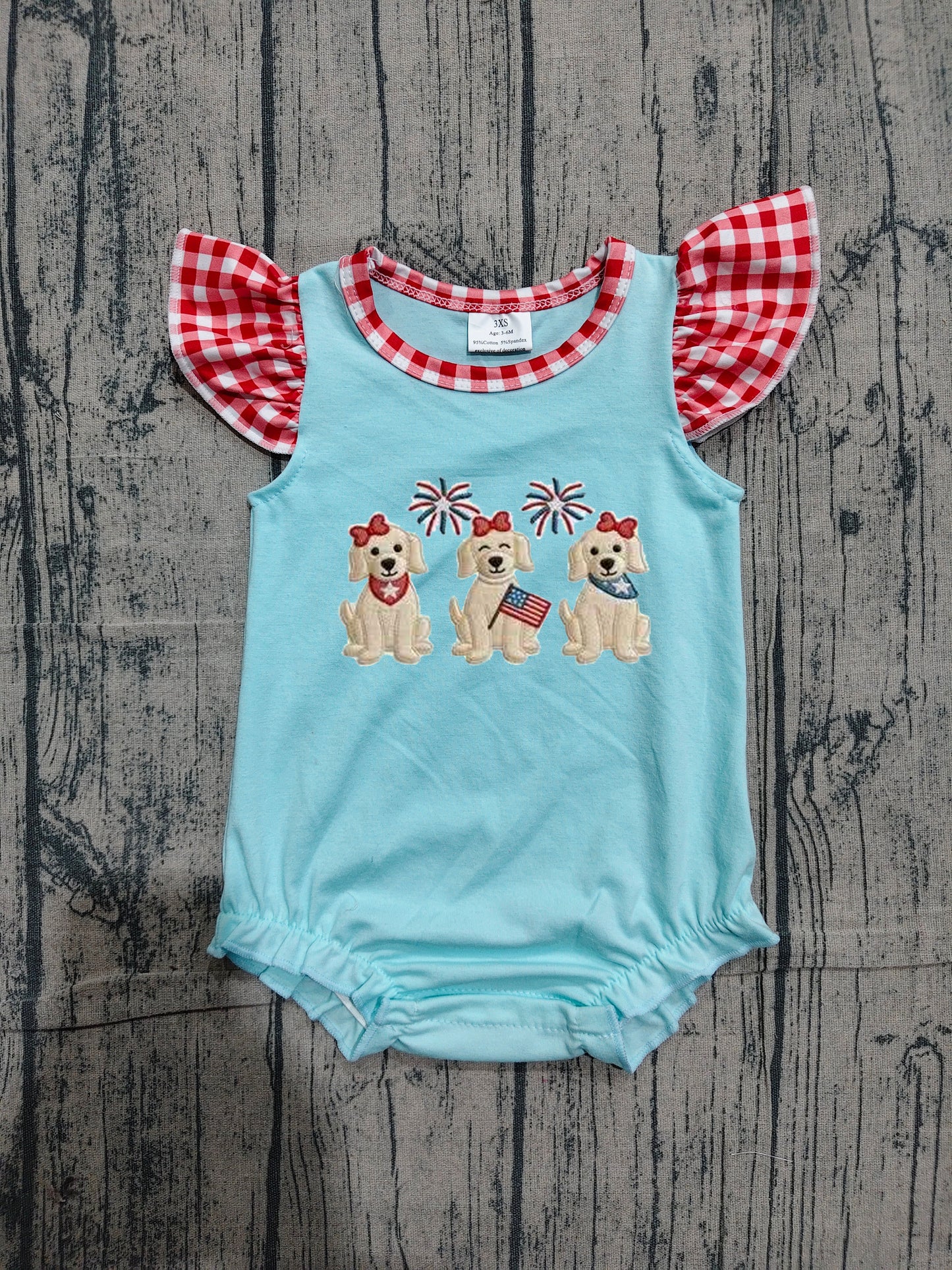 (Sample) No moq SR4051 Embroidery Baby Girls Cute Flutter Sleeve Ruffle Dog Flag 4th of July Rompers