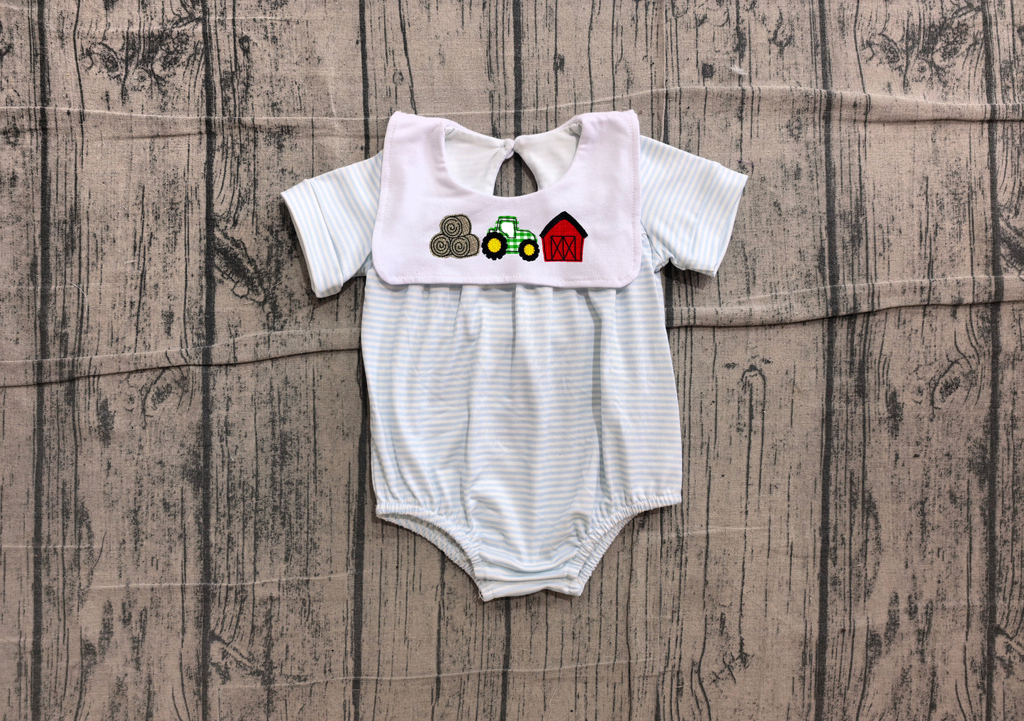 (Sample) No moq SR4075 Embroidery Baby Boys Farm Stripe Truck House Rompers
