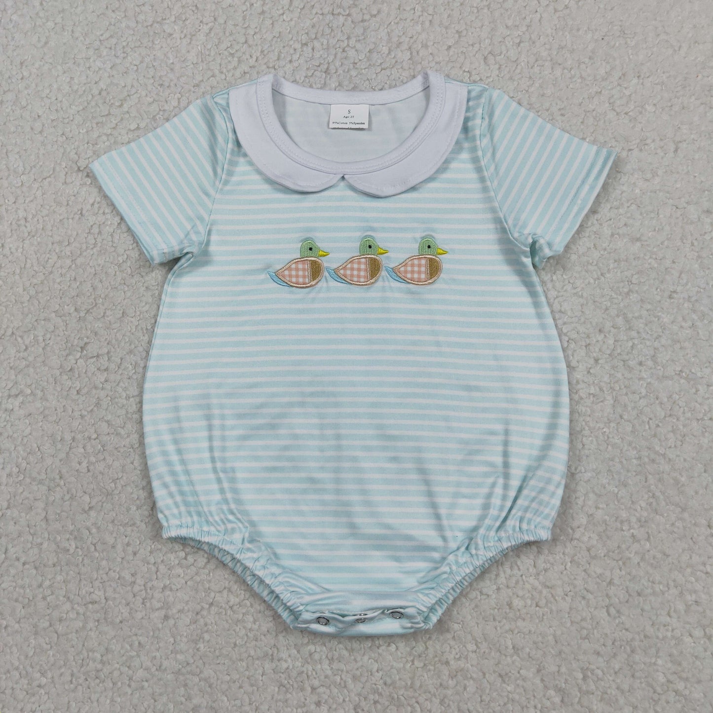 RTS NO MOQ Sibling Baby Boys Girls Cute Duck Embroidery Green Stripe Hunting Collar Rompers